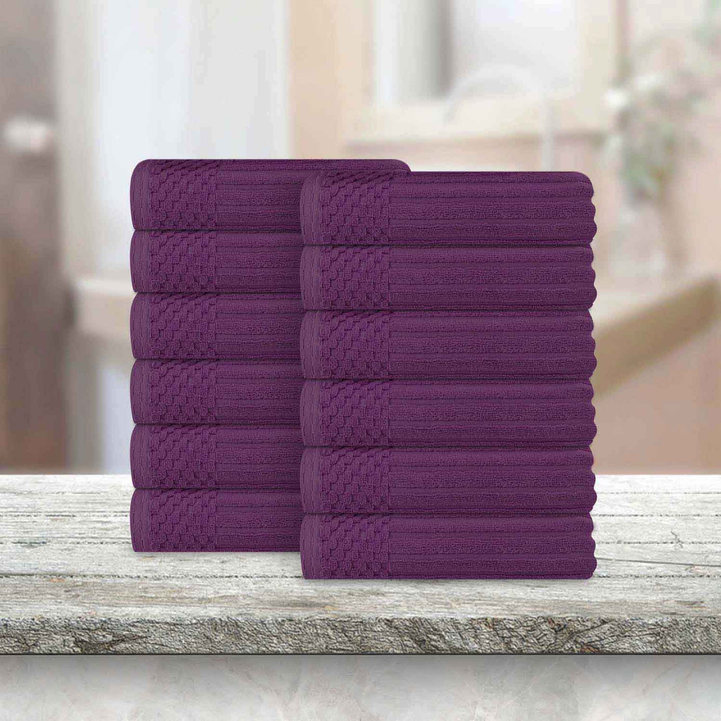 Soho Ribbed Cotton Absorbent Face Towel / Washcloth Set of 12 - Plum