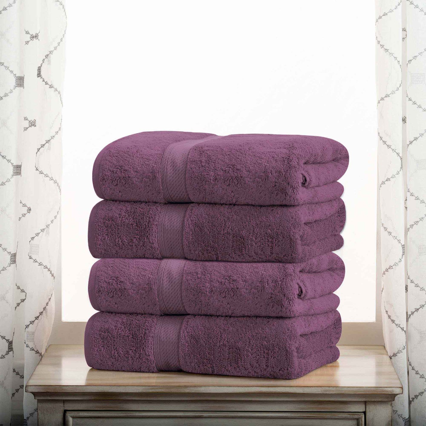 Egyptian Cotton Pile Plush Heavyweight Absorbent Bath Towel (Set of 4) - Plum