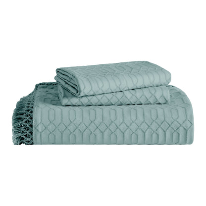 Remi Cotton Blend Jacquard Geometric Fringe Bedspread Set - Aqua