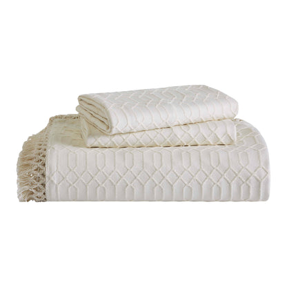 Remi Cotton Blend Jacquard Geometric Fringe Bedspread Set - Ivory