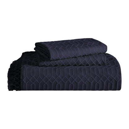 Remi Cotton Blend Jacquard Geometric Fringe Bedspread Set - Navy Blue