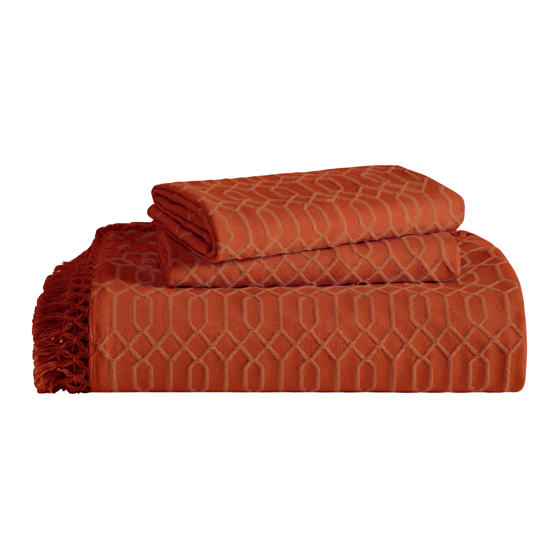 Remi Cotton Blend Jacquard Geometric Fringe Bedspread Set - Rust