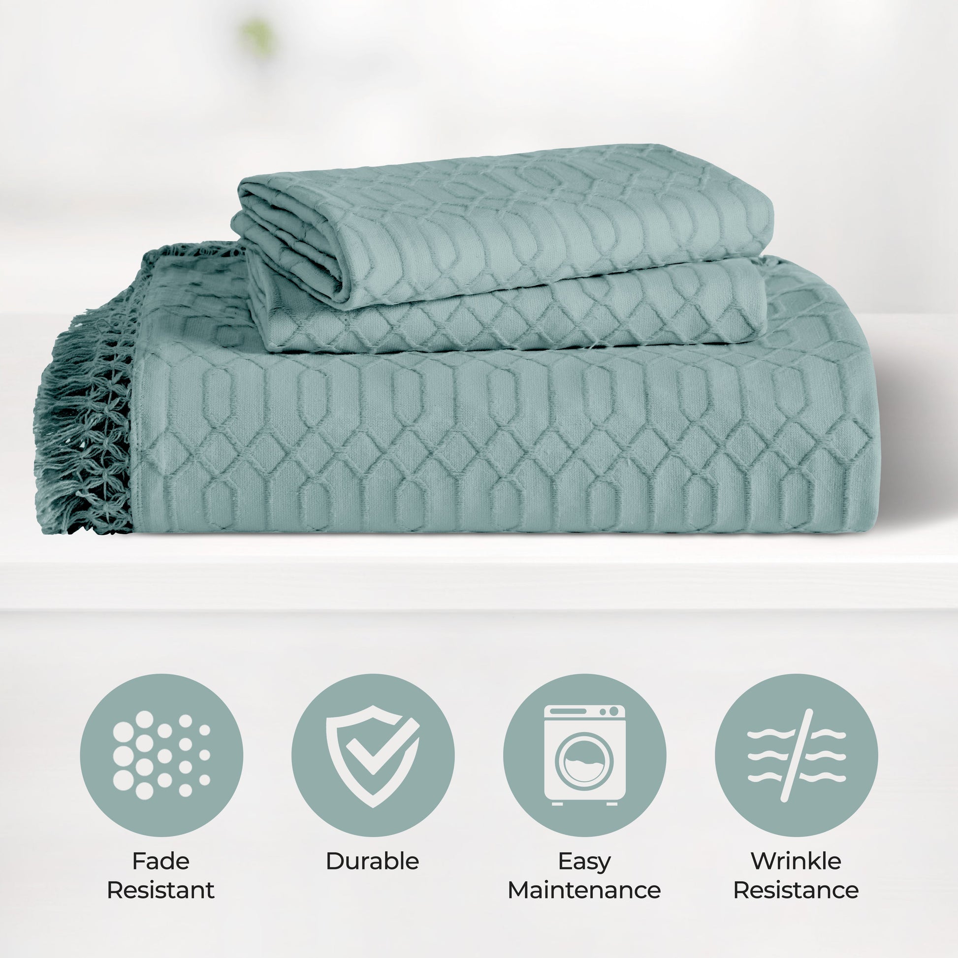 Remi Cotton Blend Jacquard Geometric Fringe Bedspread Set - Aqua