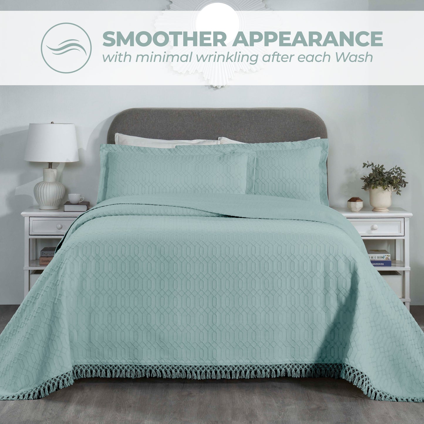 Remi Cotton Blend Jacquard Geometric Fringe Bedspread Set - Aqua