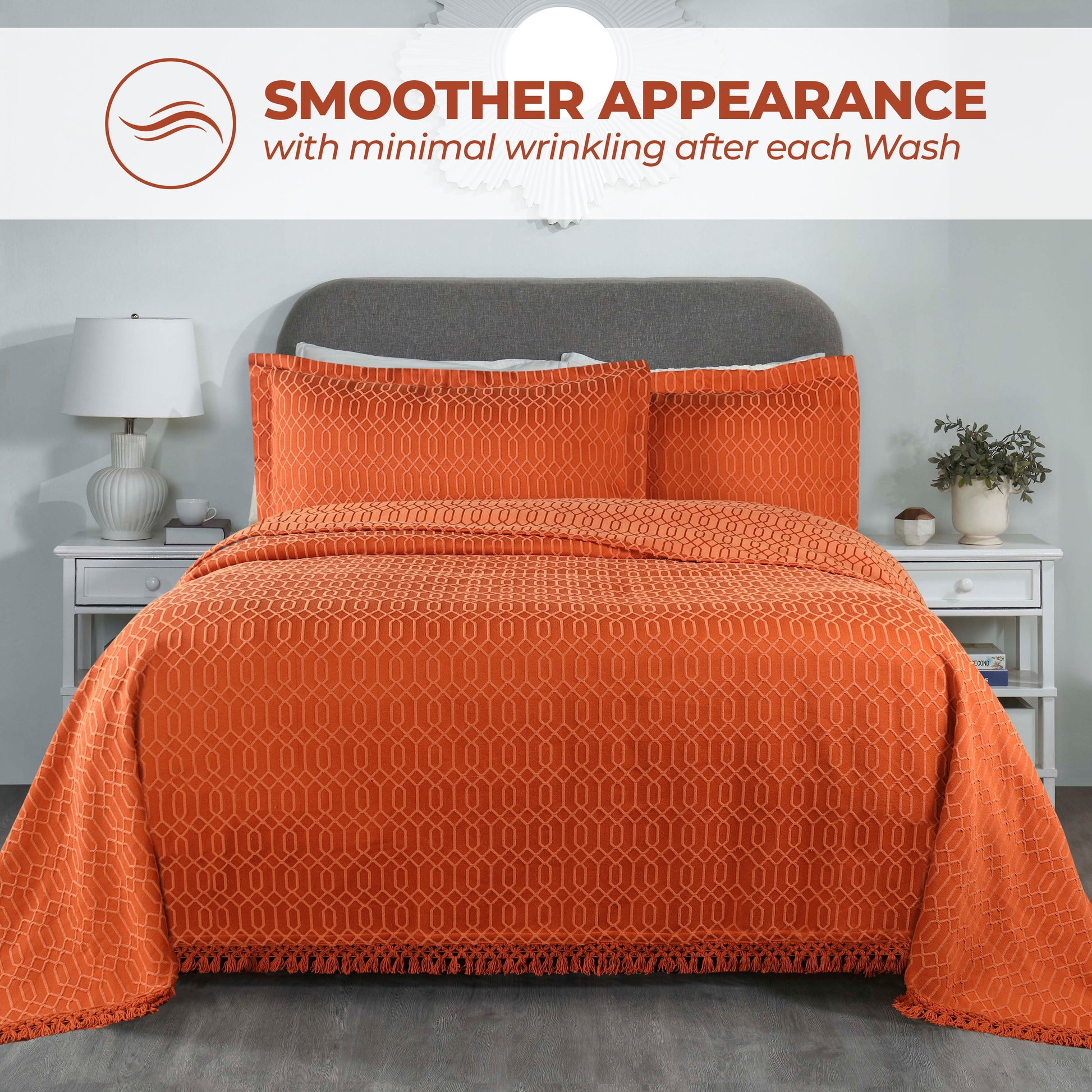 Remi Cotton Blend Jacquard Geometric Fringe Bedspread Set - Rust