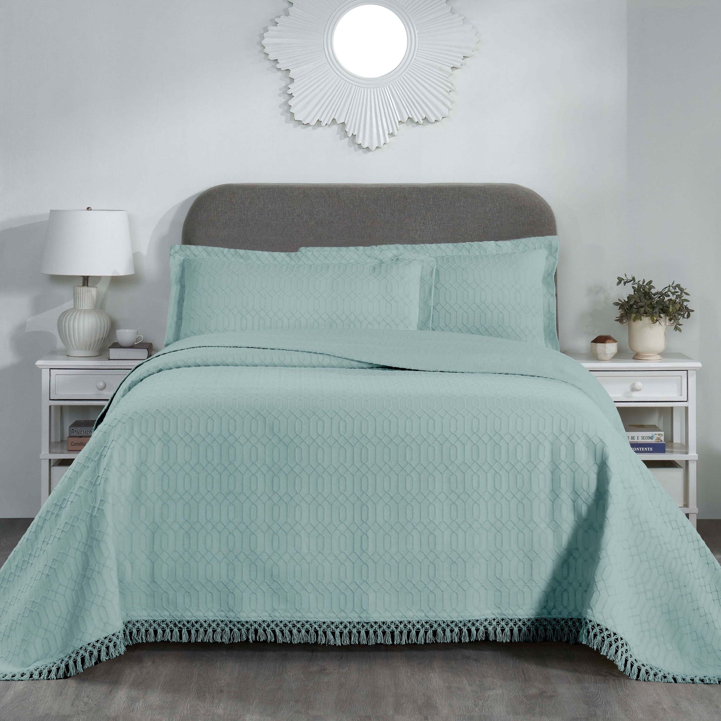 Remi Cotton Blend Jacquard Geometric Fringe Bedspread Set - Aqua