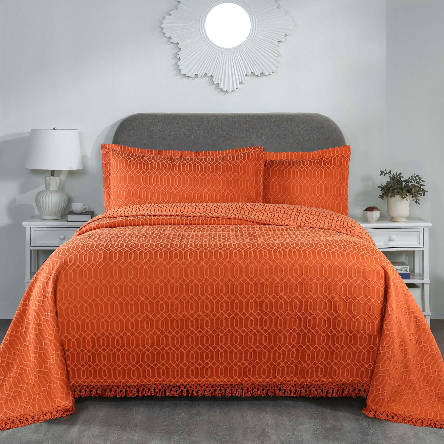 Remi Cotton Blend Jacquard Geometric Fringe Bedspread Set - Rust