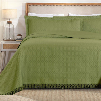 Remi Cotton Blend Jacquard Geometric Fringe Bedspread Set - Sage