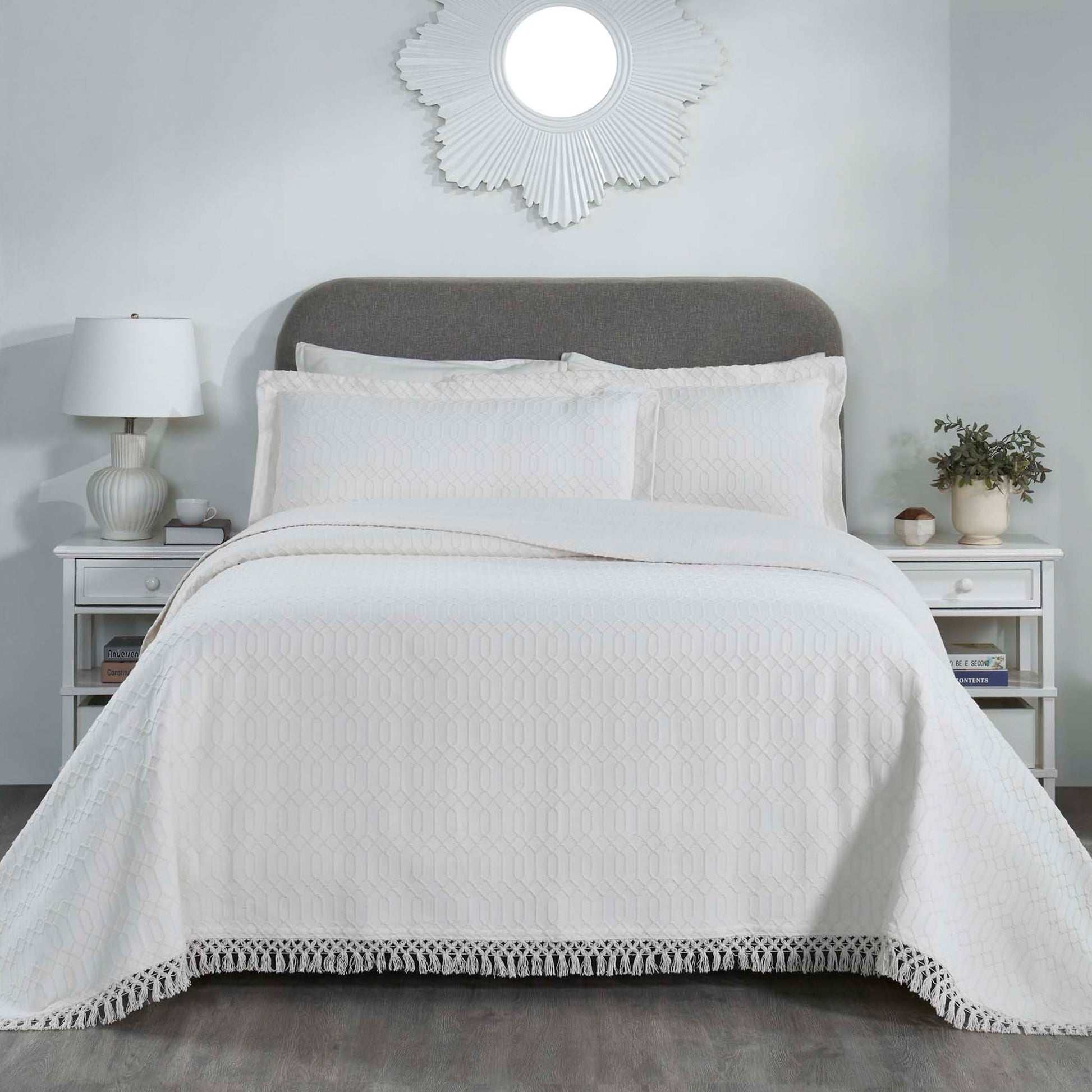 Remi Cotton Blend Jacquard Geometric Fringe Bedspread Set - White