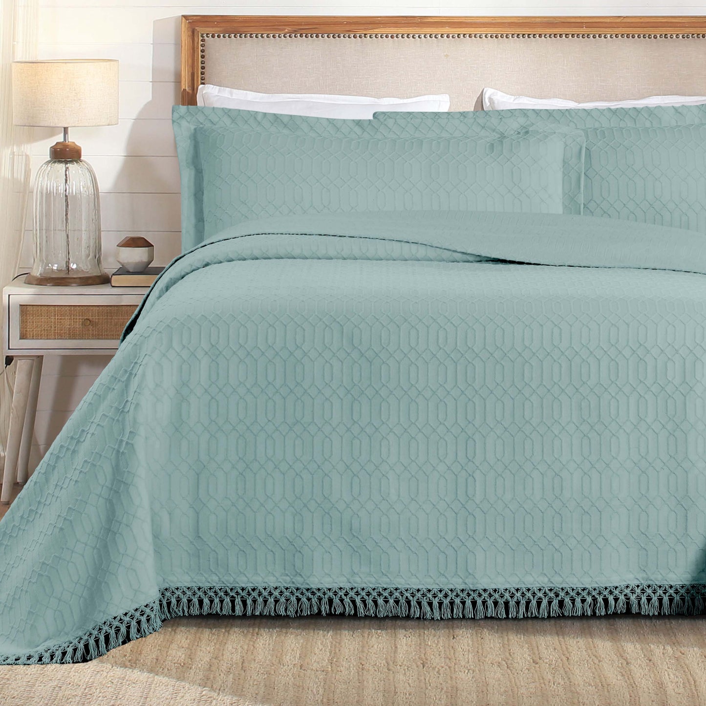 Remi Cotton Blend Jacquard Geometric Fringe Bedspread Set - Aqua