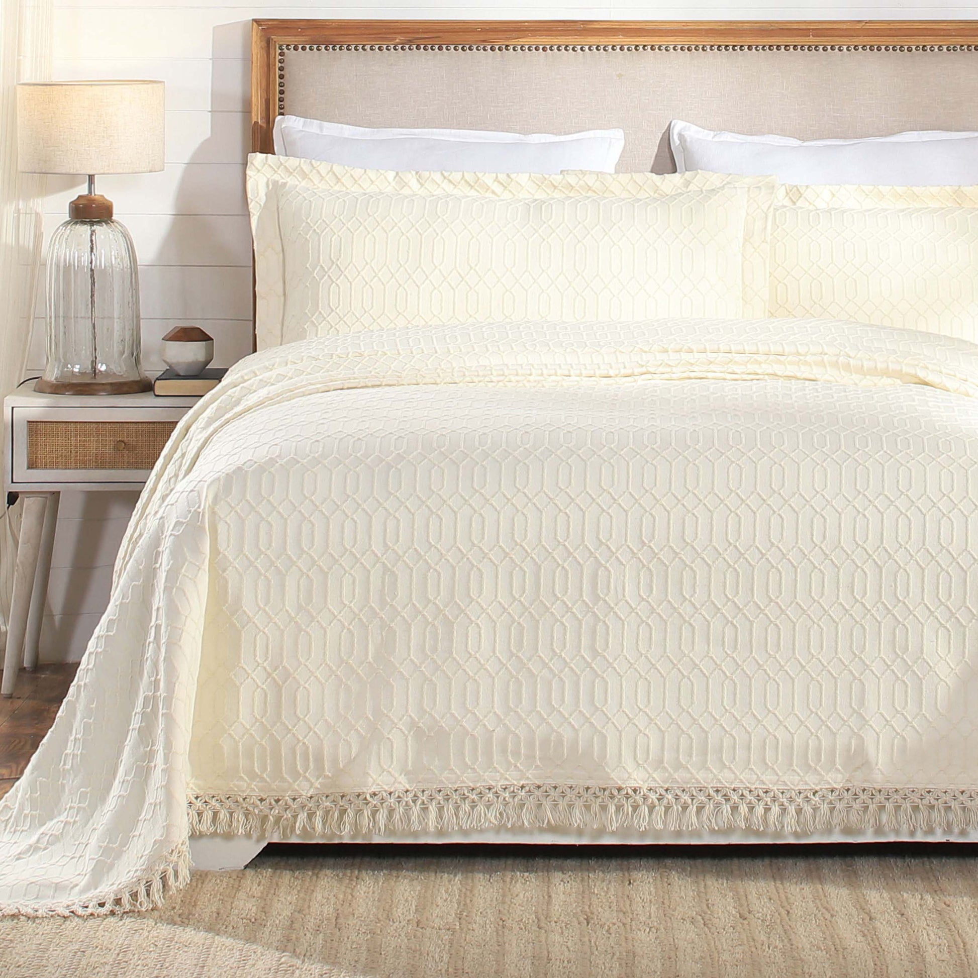 Remi Cotton Blend Jacquard Geometric Fringe Bedspread Set - Ivory