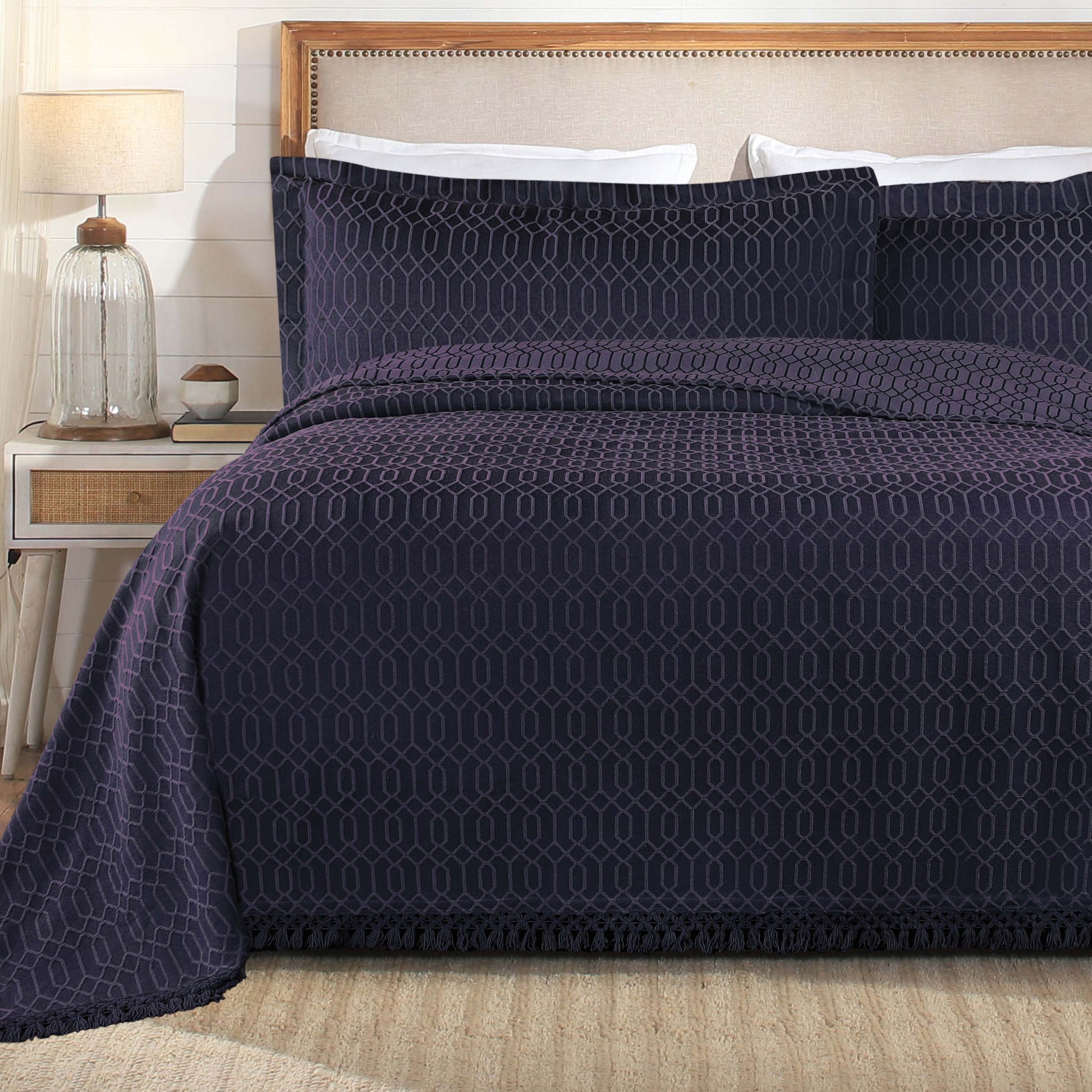 Remi Cotton Blend Jacquard Geometric Fringe Bedspread Set - Navy Blue