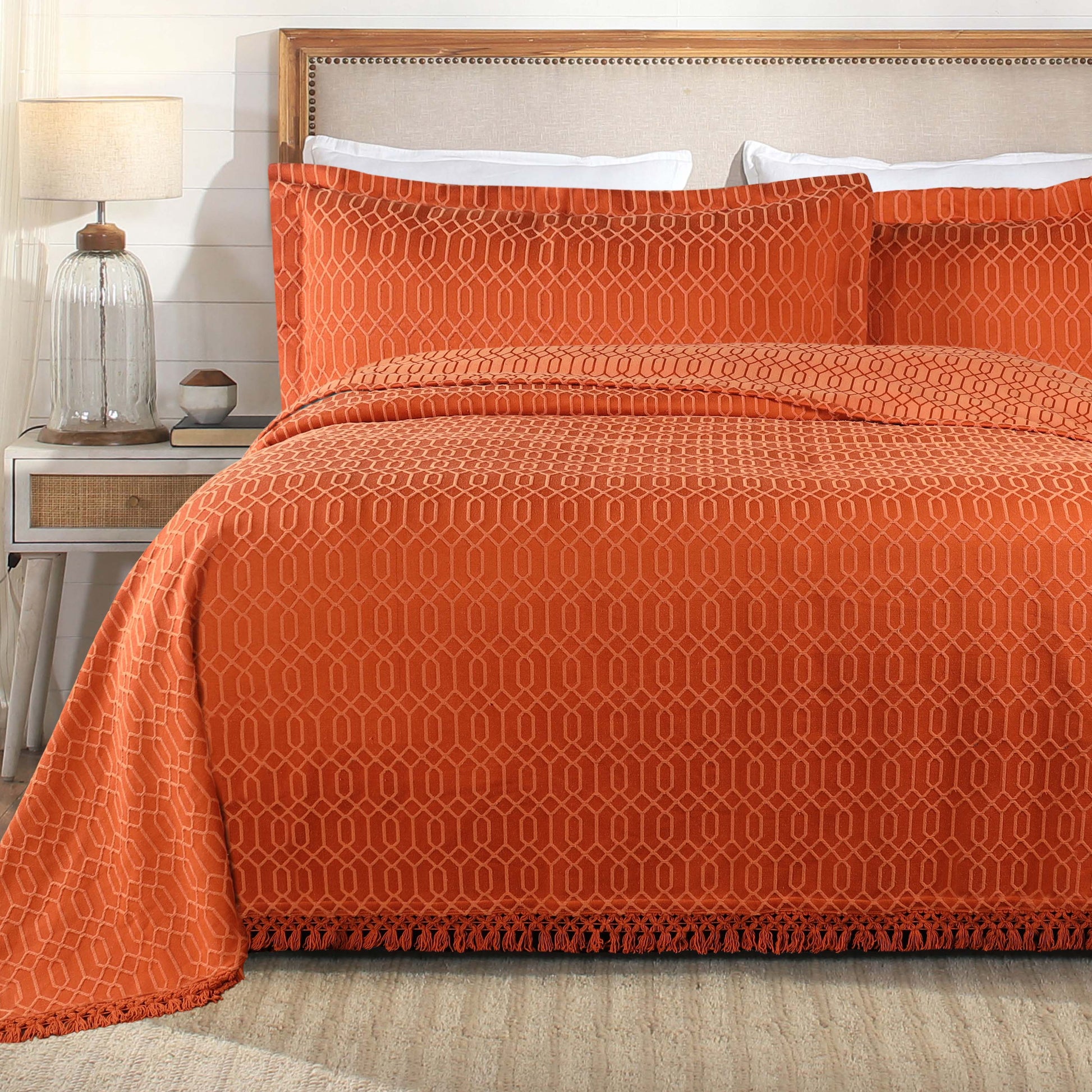 Remi Cotton Blend Jacquard Geometric Fringe Bedspread Set - Rust