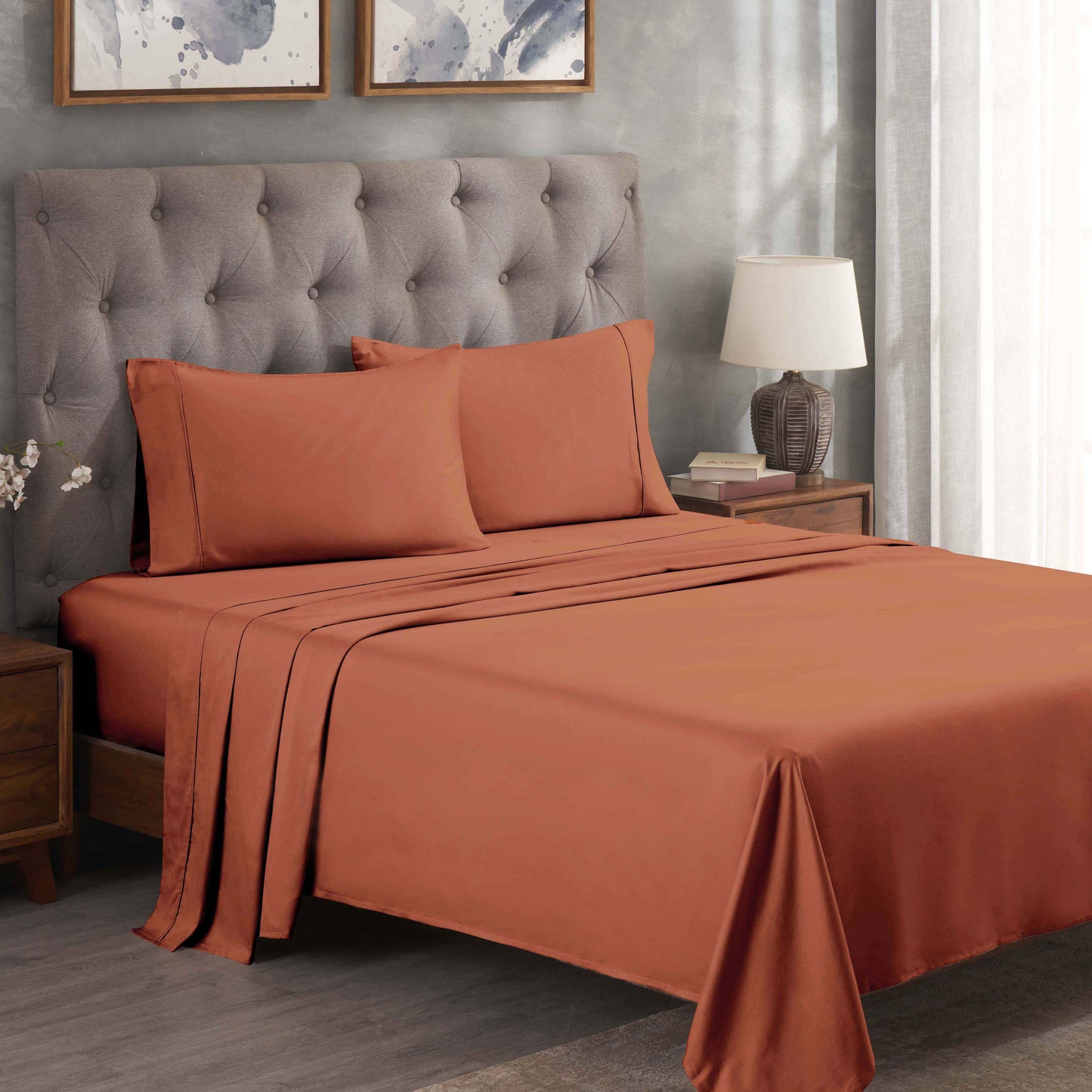 Egyptian Cotton 300 Thread Count Solid Deep Pocket Sheet Set - Pumpkin