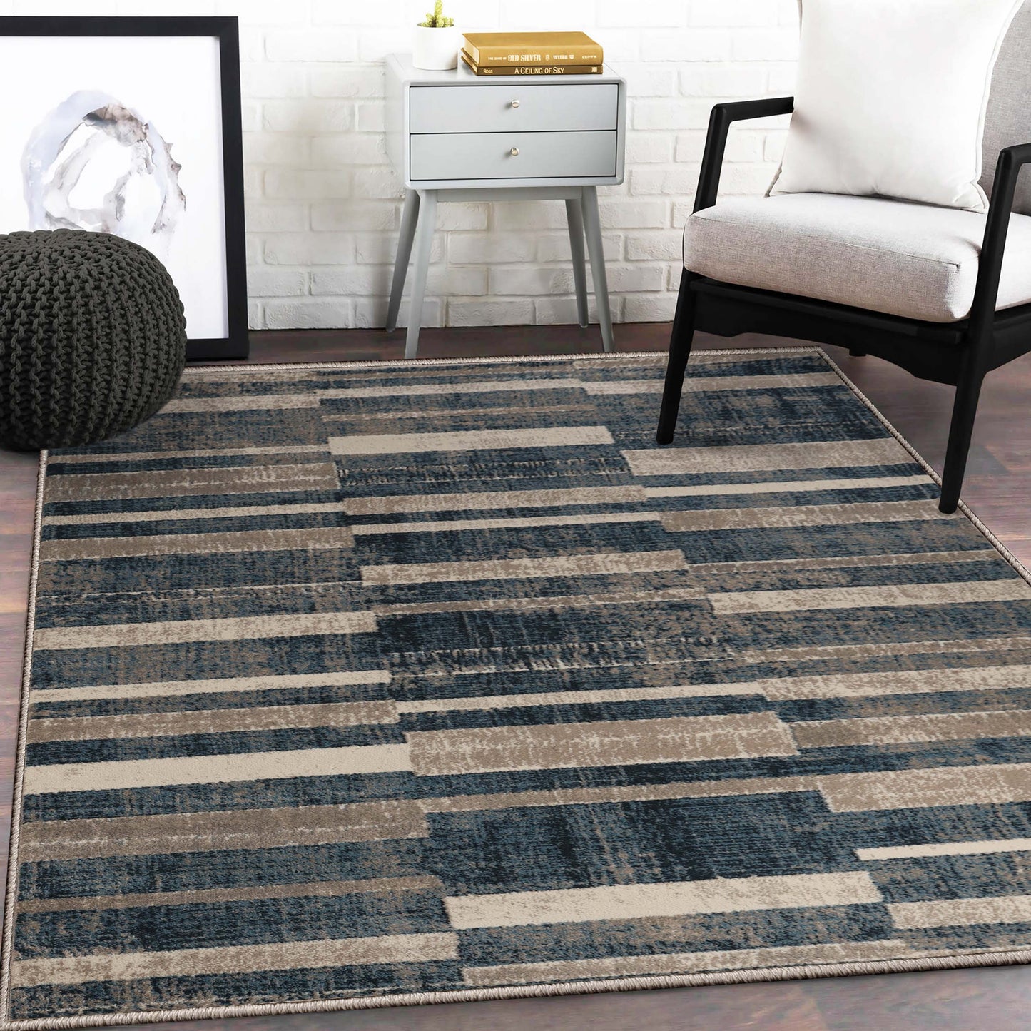  Superior Radko Modern Striped Indoor Area Rug or Runner - Blue-Cream