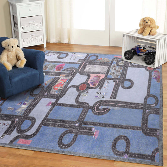 Superior Country Road Kids Playroom Nursery Washable Indoor Area Rug Or Door Mat - Blue