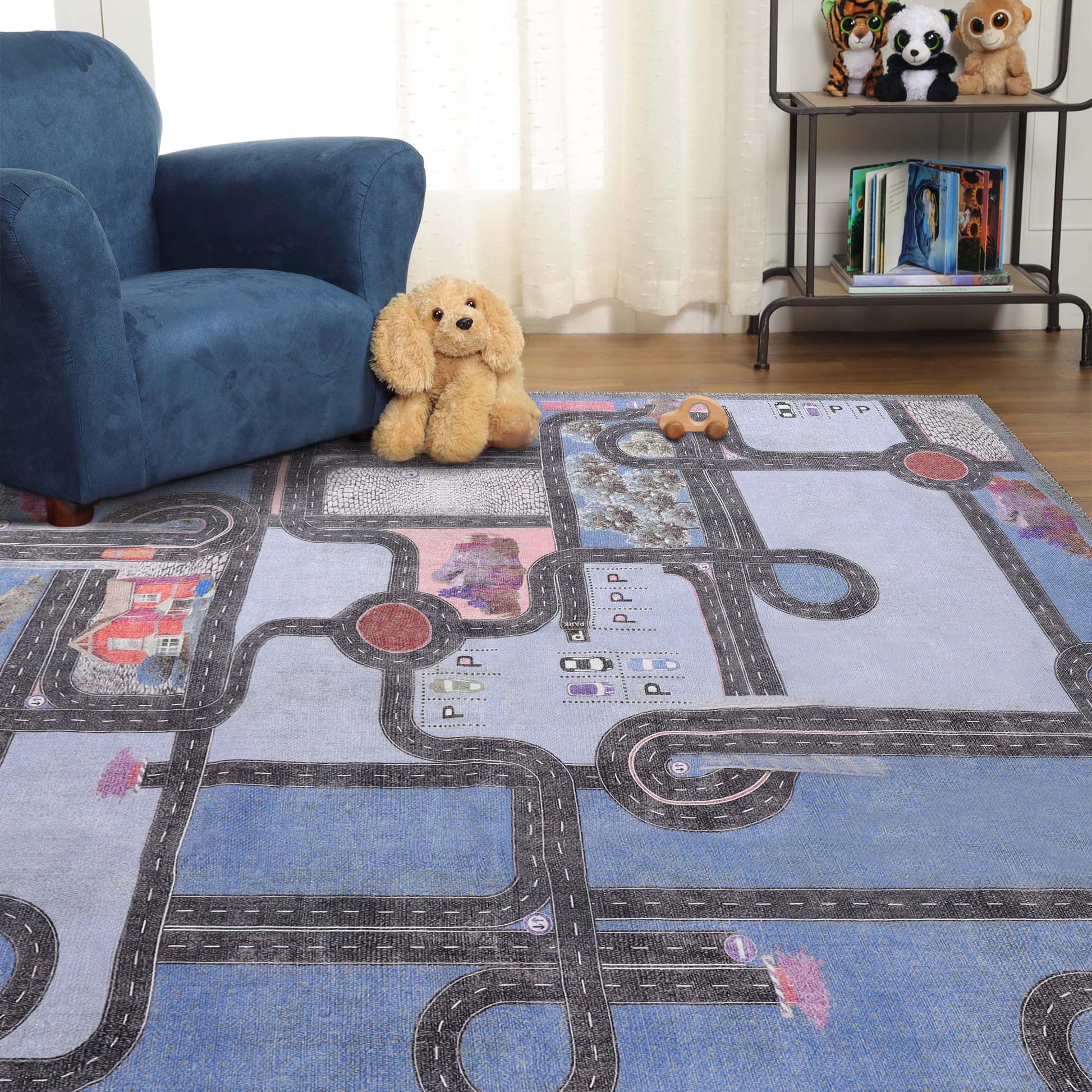 Superior Country Road Kids Playroom Nursery Washable Indoor Area Rug Or Door Mat - Blue