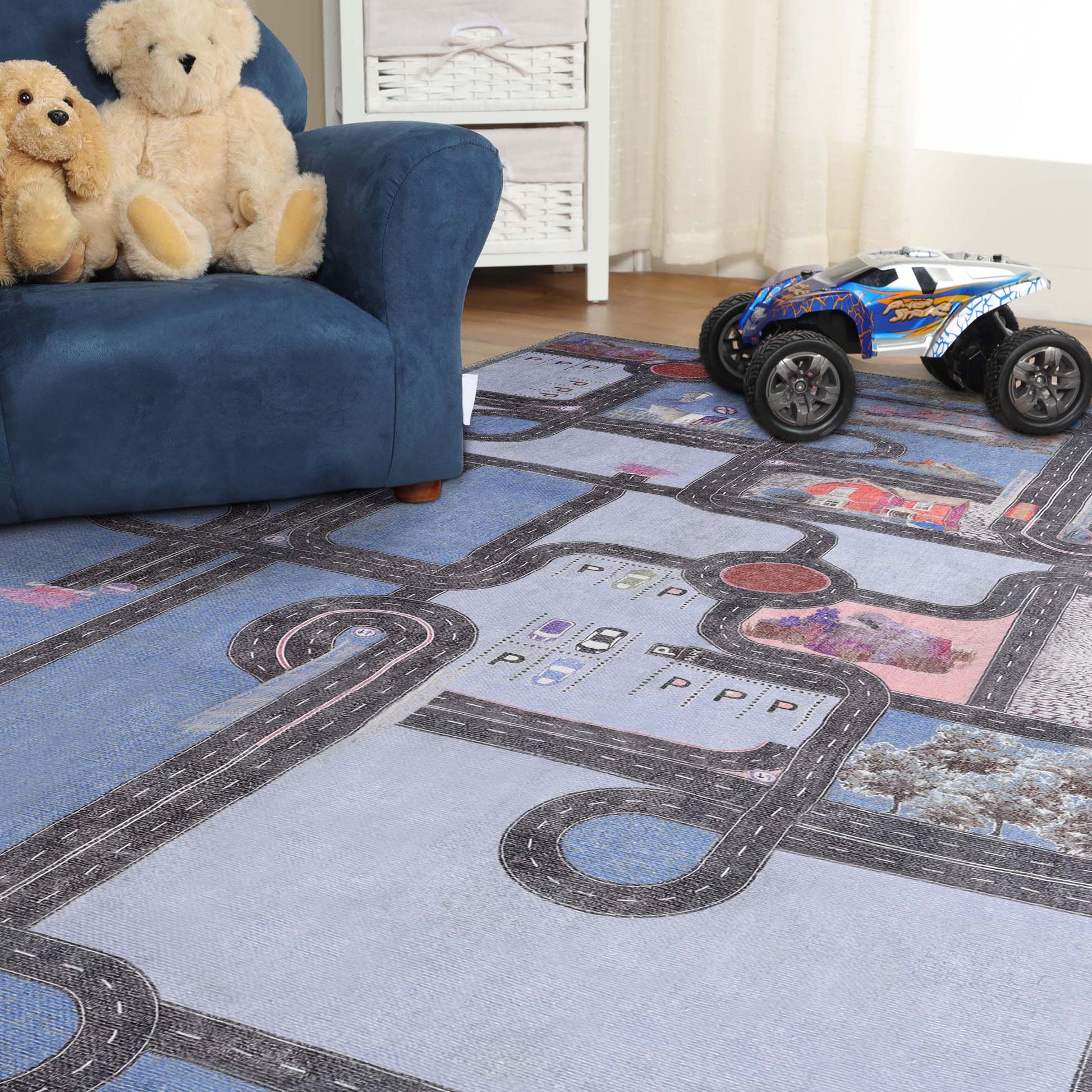 Superior Country Road Kids Playroom Nursery Washable Indoor Area Rug Or Door Mat - Blue