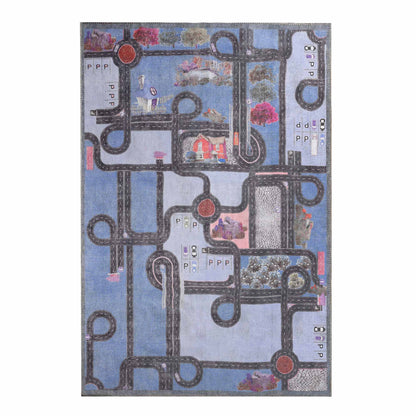 Superior Country Road Kids Playroom Nursery Washable Indoor Area Rug Or Door Mat - Blue