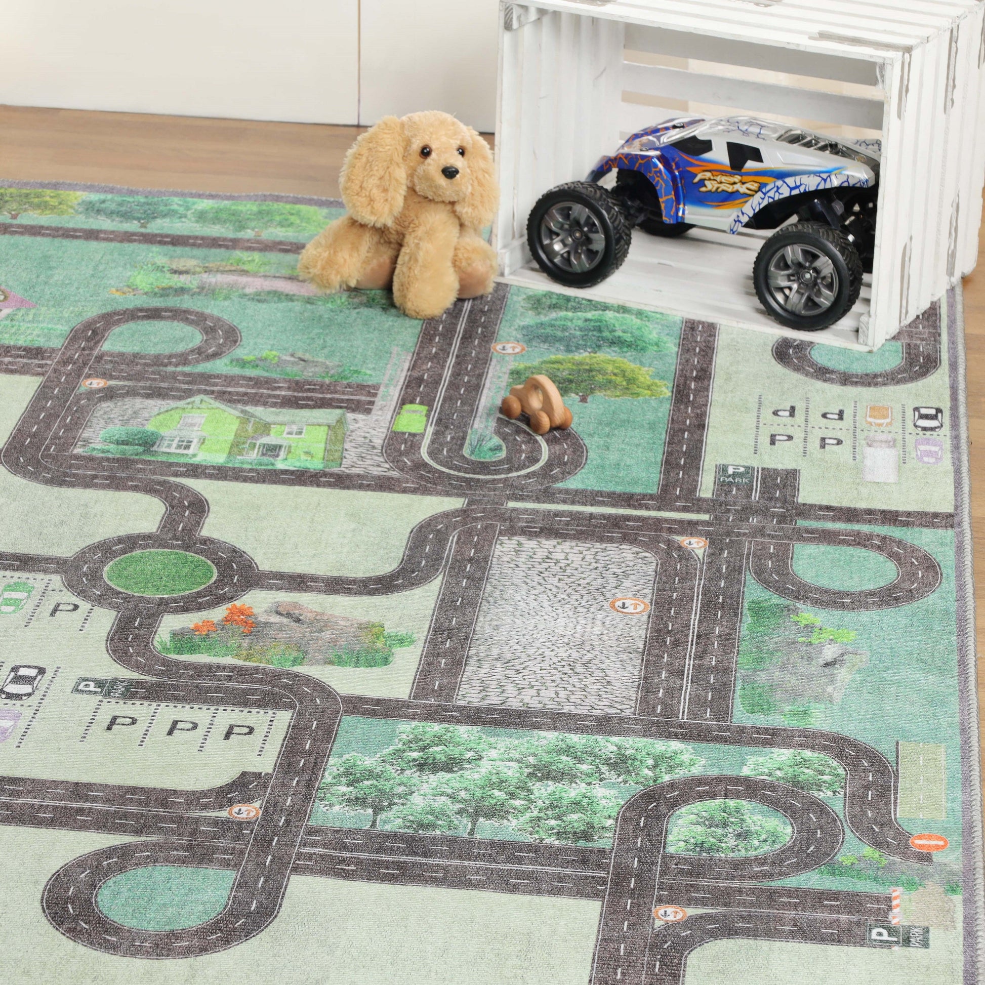 Superior Country Road Kids Playroom Nursery Washable Indoor Area Rug Or Door Mat - Pine Green