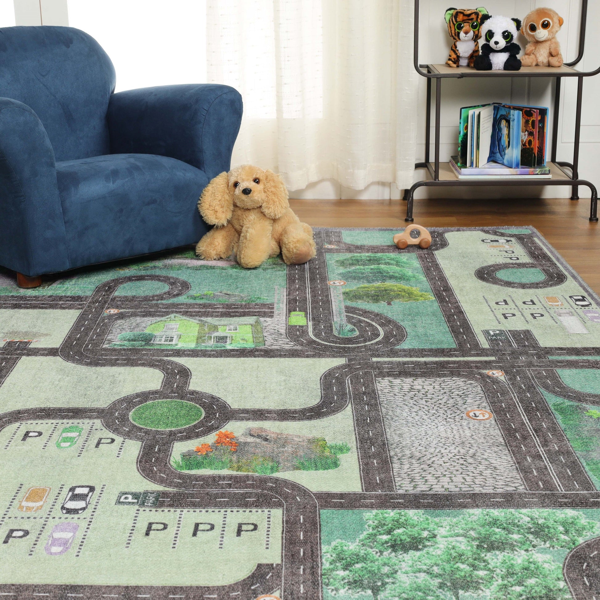 Superior Country Road Kids Playroom Nursery Washable Indoor Area Rug Or Door Mat - Pine Green