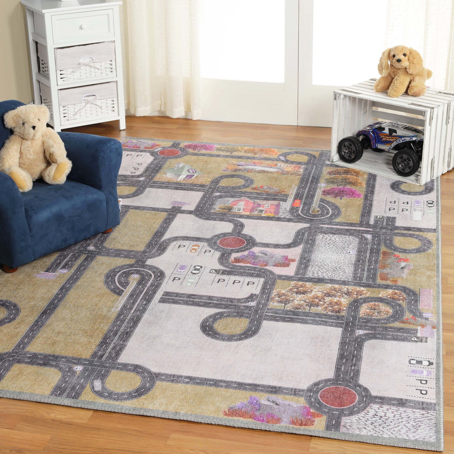 Superior Country Road Kids Playroom Nursery Washable Indoor Area Rug Or Door Mat - Mossy Gold