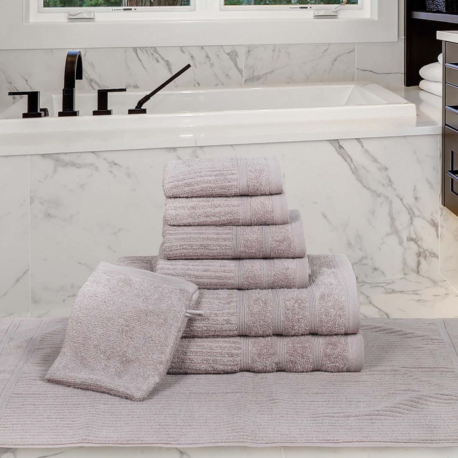 Egyptian Cotton 8 Piece Bath, Hand, and Face Towel Set with Bath Mat and Bath Mitt - Grey