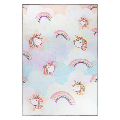 Superior Unicorn Rainbow Colorful Kids Playroom Nursery Washable Indoor Area Rug Or Door Mat - Turquoise