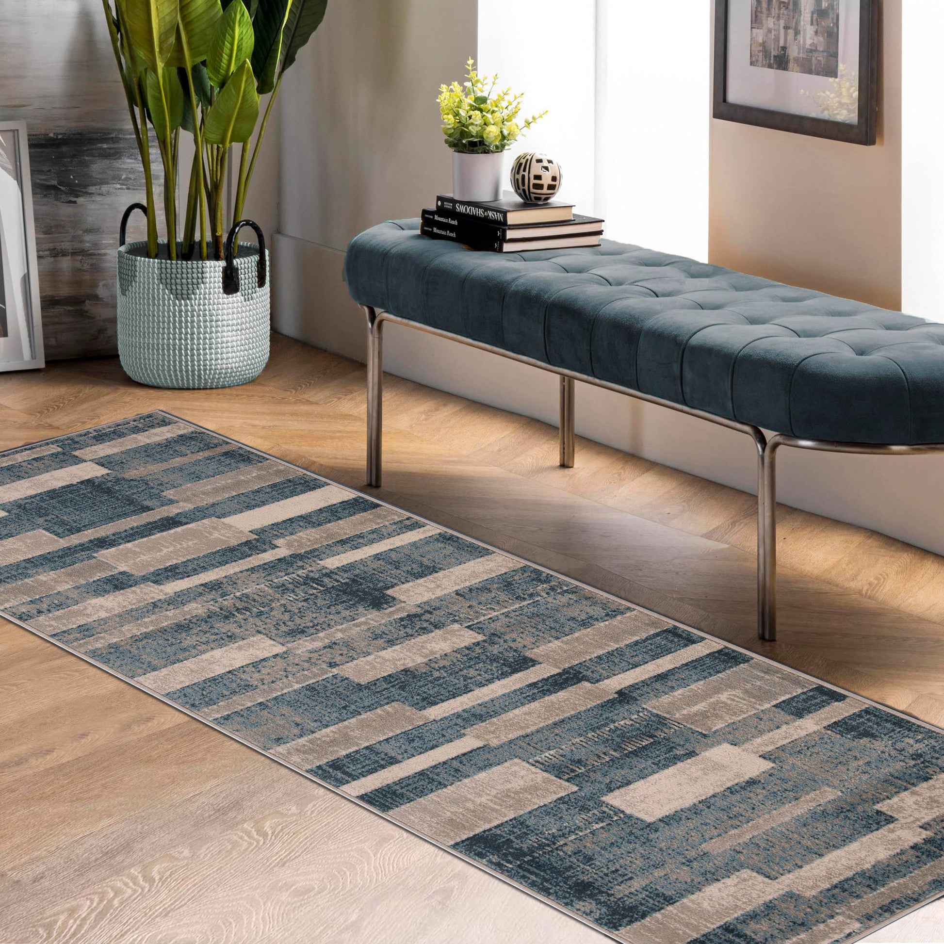 Superior Radko Modern Striped Indoor Area Rug or Runner - Blue-Cream