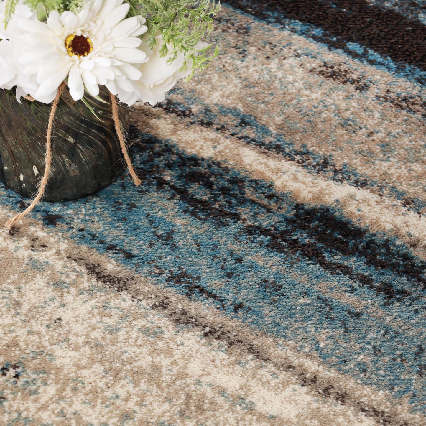 Superior Taia Striped Damask Indoor Area Rug or Runner Media  - Blue -Cream