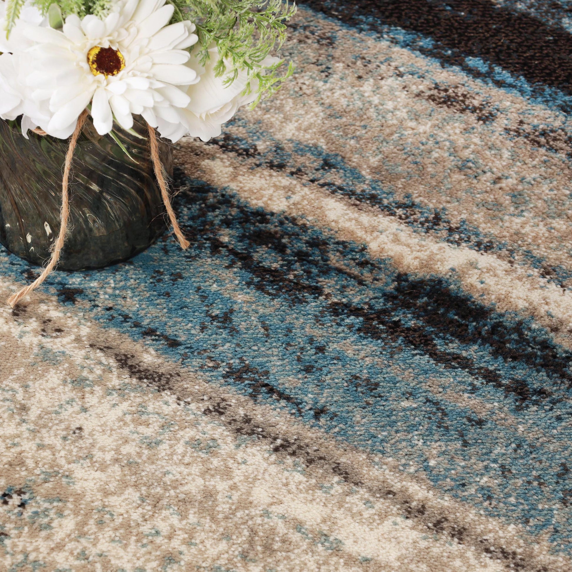 Superior Taia Striped Damask Indoor Area Rug or Runner Media  - Blue -Cream