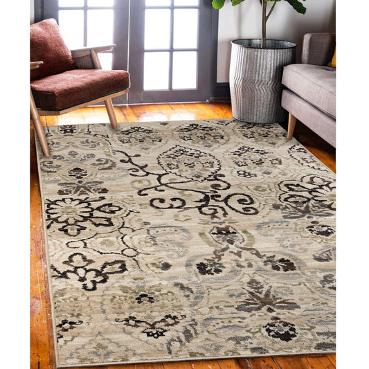 Superior Caldwell Modern Floral Damask Indoor Area Rug or Runner Rug Or Door Mat - Beige