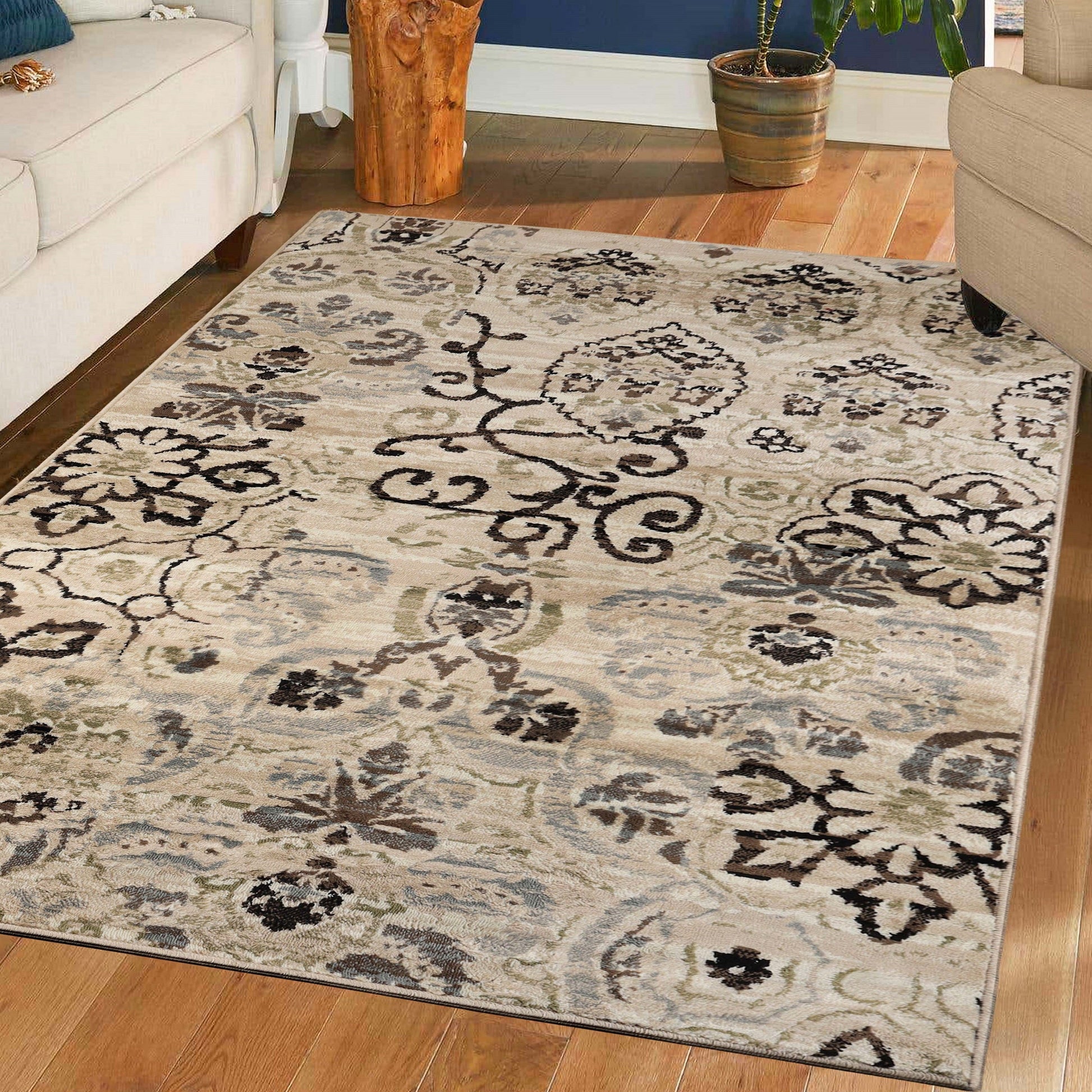 Superior Caldwell Modern Floral Damask Indoor Area Rug or Runner Rug Or Door Mat - Beige