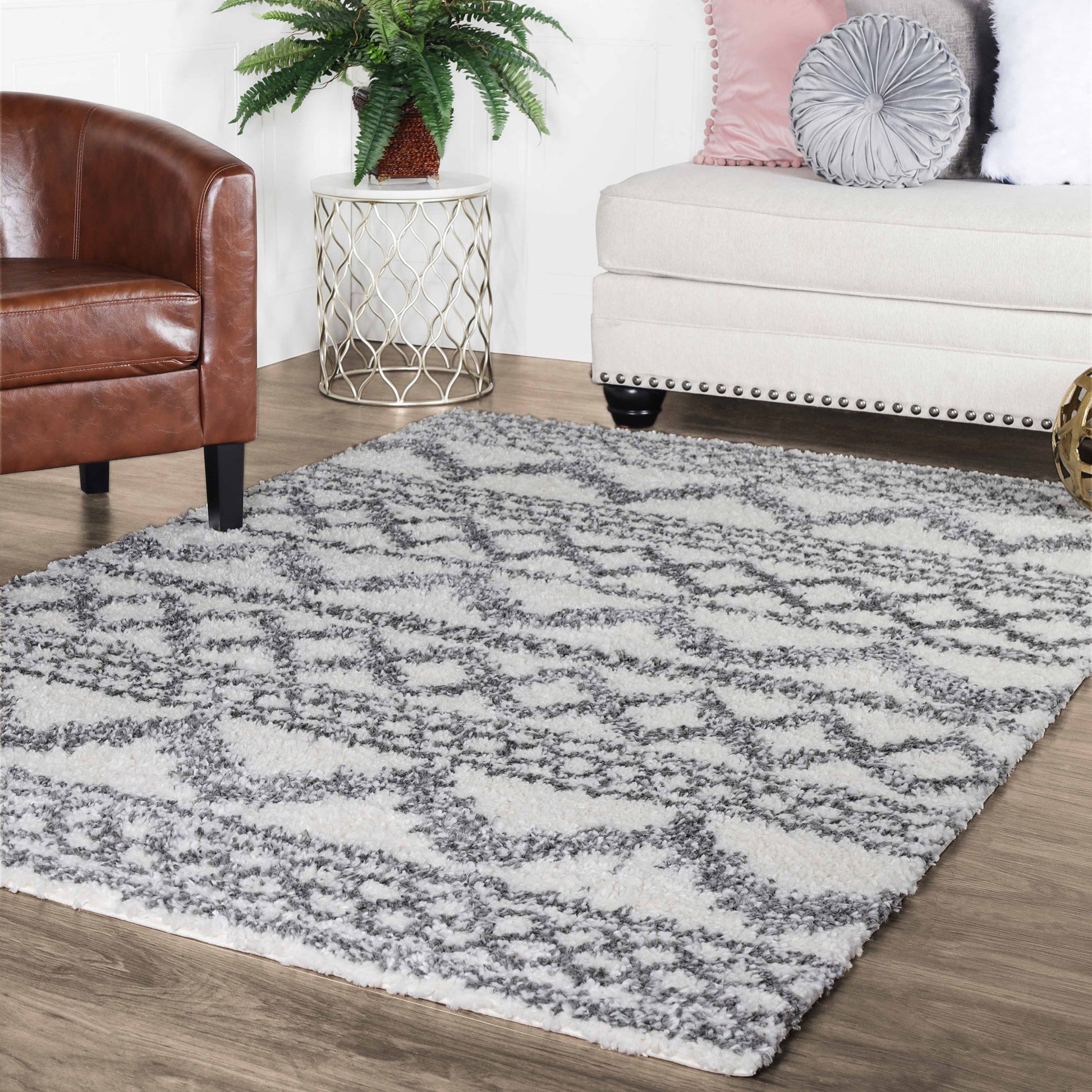 Superior Geometric Bohemian Indoor Plush Shag Area Rug - Black-Cream