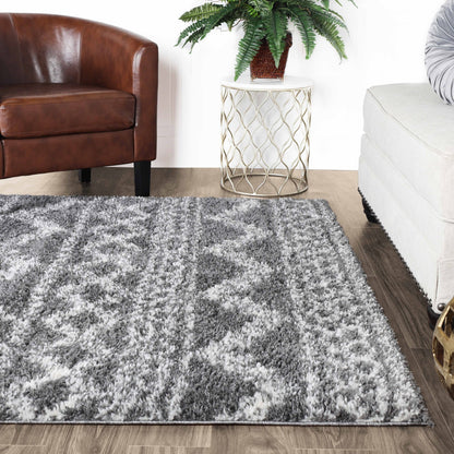 Superior Geometric Bohemian Indoor Plush Shag Area Rug - Cream-Grey