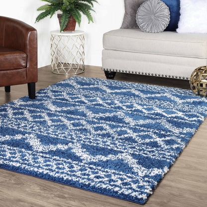 Superior Geometric Bohemian Indoor Plush Shag Area Rug - Cream-Blue
