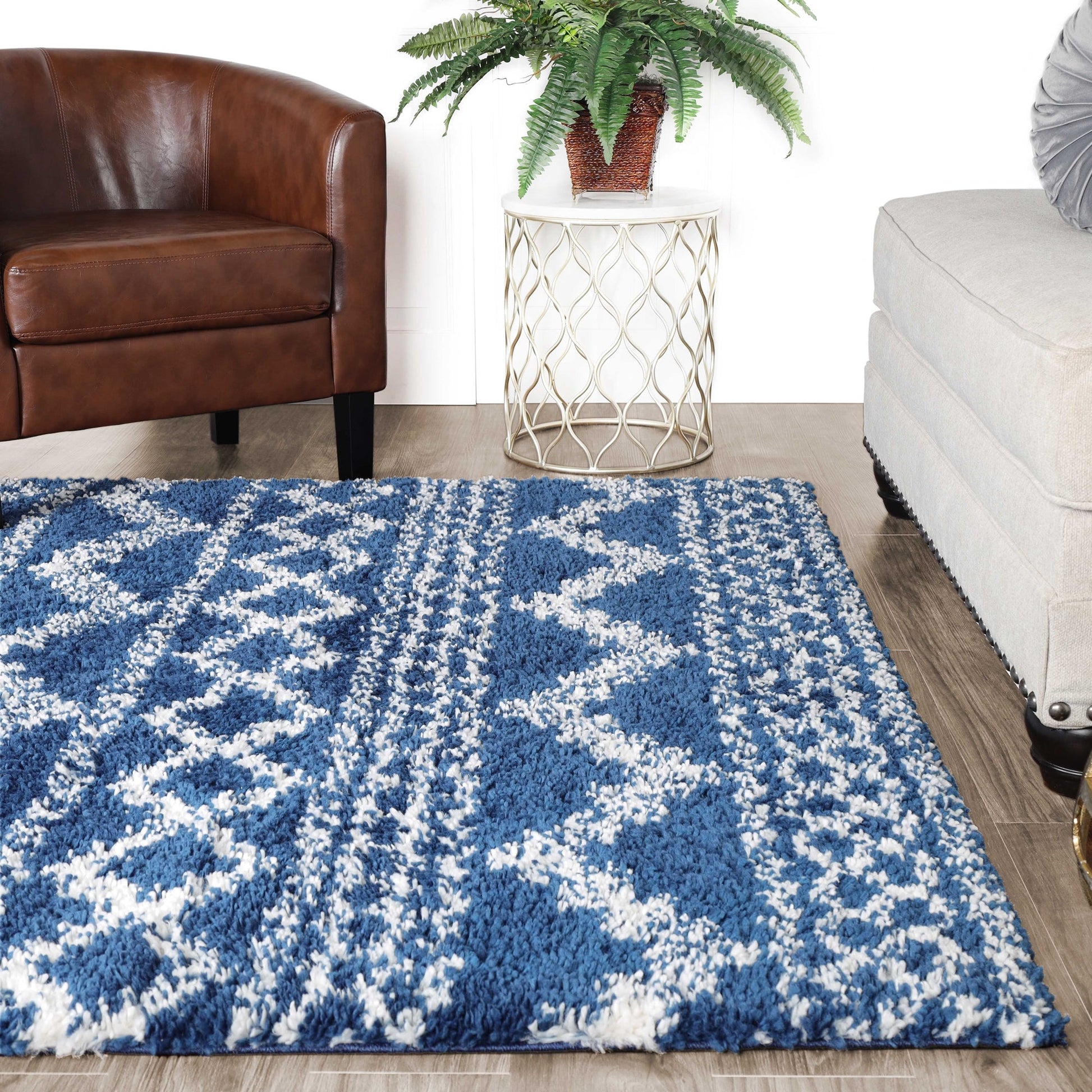Superior Geometric Bohemian Indoor Plush Shag Area Rug - Cream-Blue