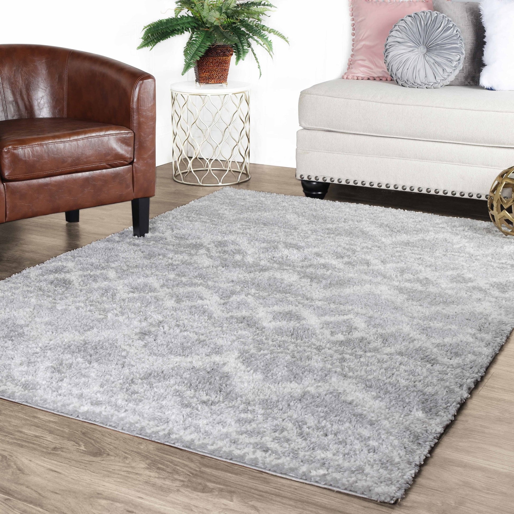 Superior Geometric Bohemian Indoor Plush Shag Area Rug - Cream-Grey