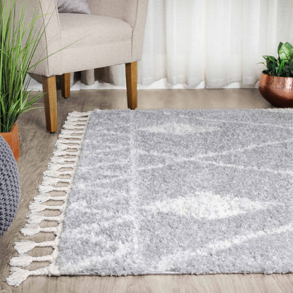 Superior Boho Tribal Geometric Indoor Shag Area Rug with Tassels - Cream-Grey