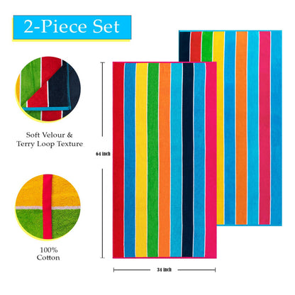 Superior Rainbow Stripes Egyptian Cotton Oversized Beach Towel Set - Rainbow
