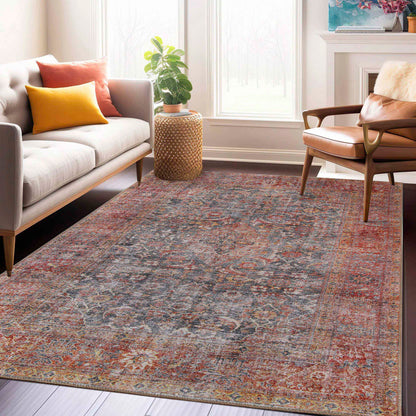Huda Distressed Rustic Floral Geometric Medallion Indoor Area Rug - RubyRed