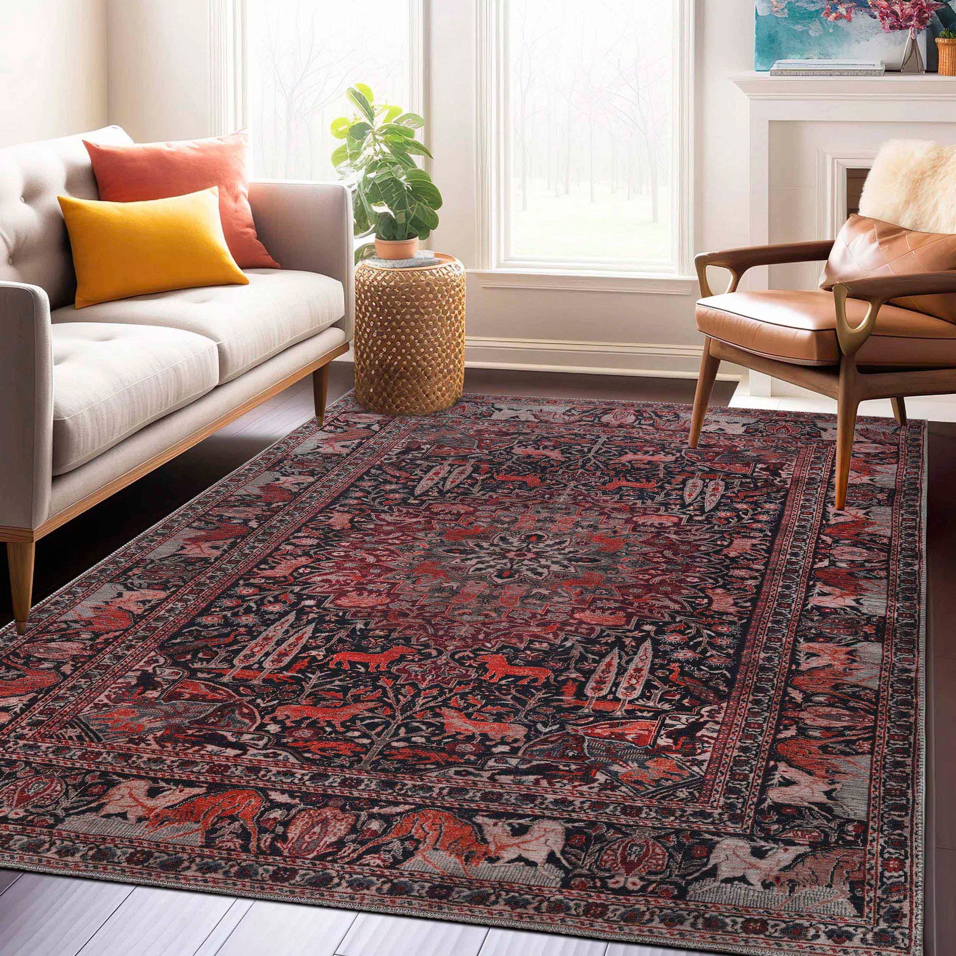 Copley Bohemian Oriental Medallion Wildlife Indoor Area Rug - Garnet Red