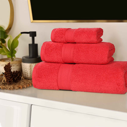 Chevron Zero Twist Solid Soft Absorbent Cotton 3 Piece Towel Set - Red