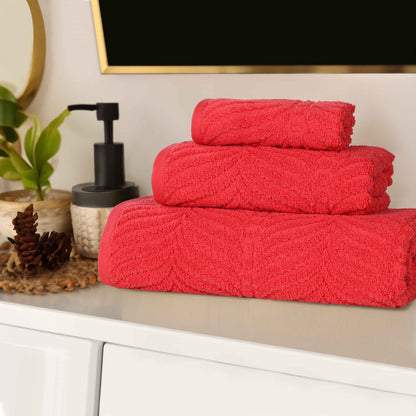Chevron Zero Twist Jaquard Cotton 3 Piece Bathroom Towel Set - Red