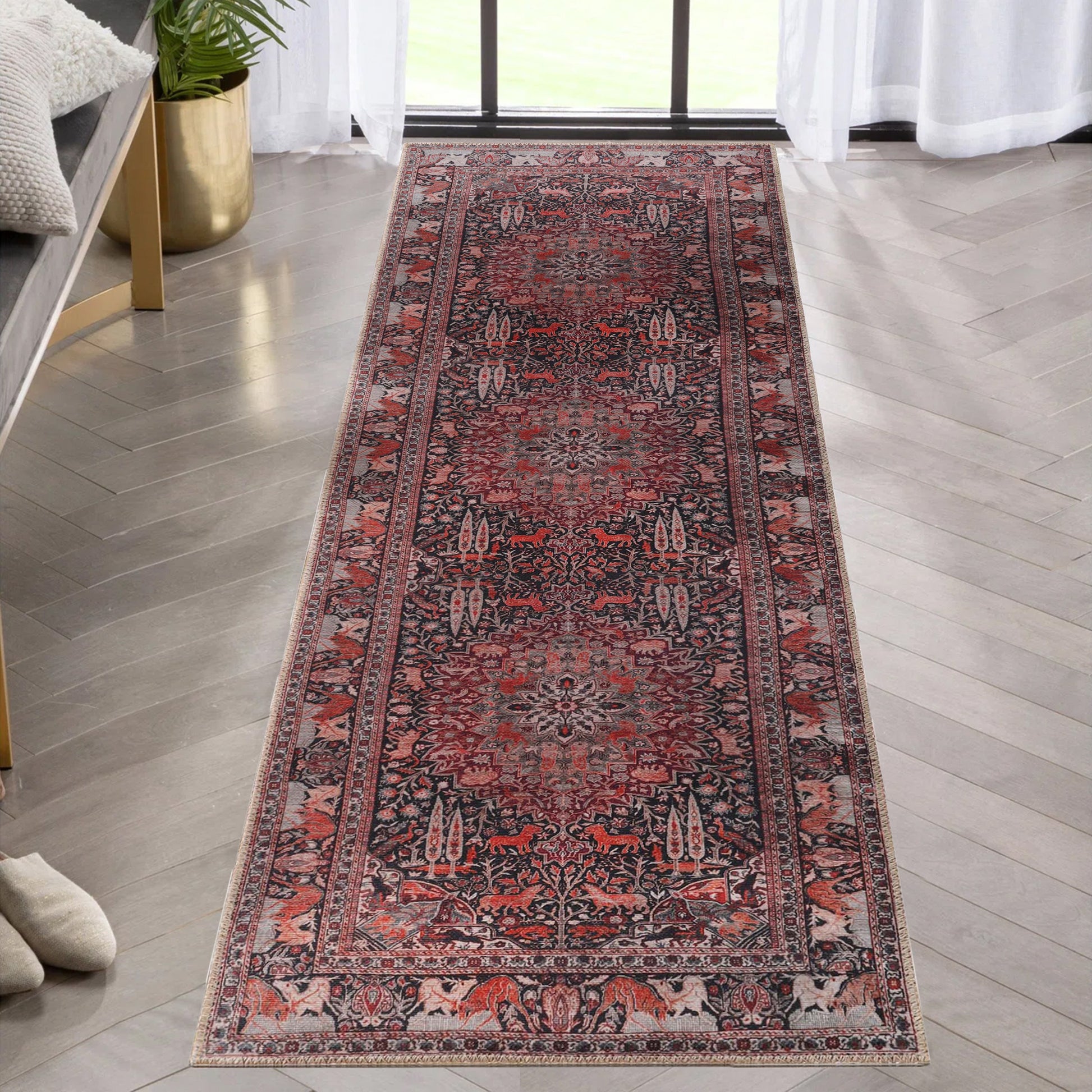 Copley Bohemian Oriental Medallion Wildlife Indoor Area Rug - Garnet Red