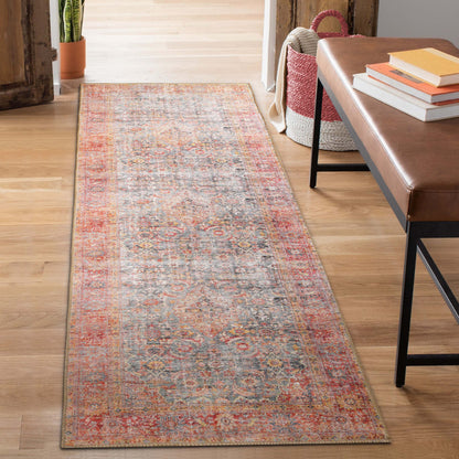 Huda Distressed Rustic Floral Geometric Medallion Indoor Area Rug - RubyRed