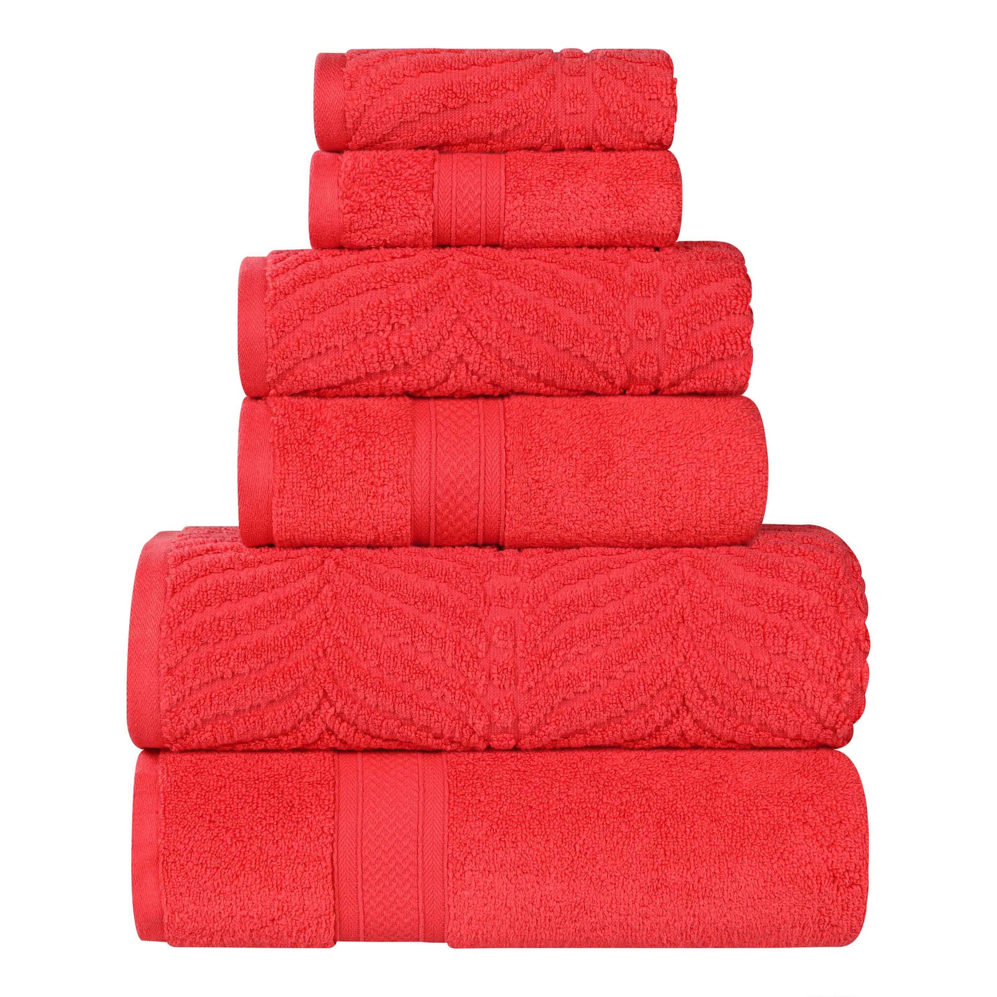 Chevron Zero Twist Solid and Jacquard Soft Cotton 6 Piece Towel Set - Red