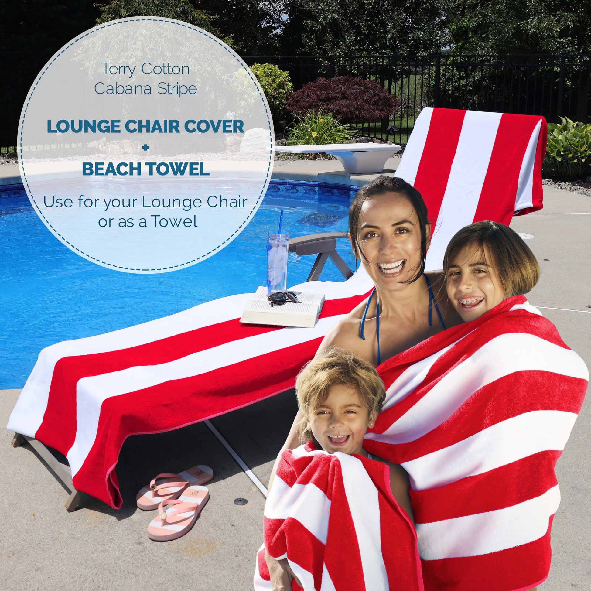 Cabana Striped Cotton Standard Size Chaise Lounge Chair Cover Set of 2 - Red