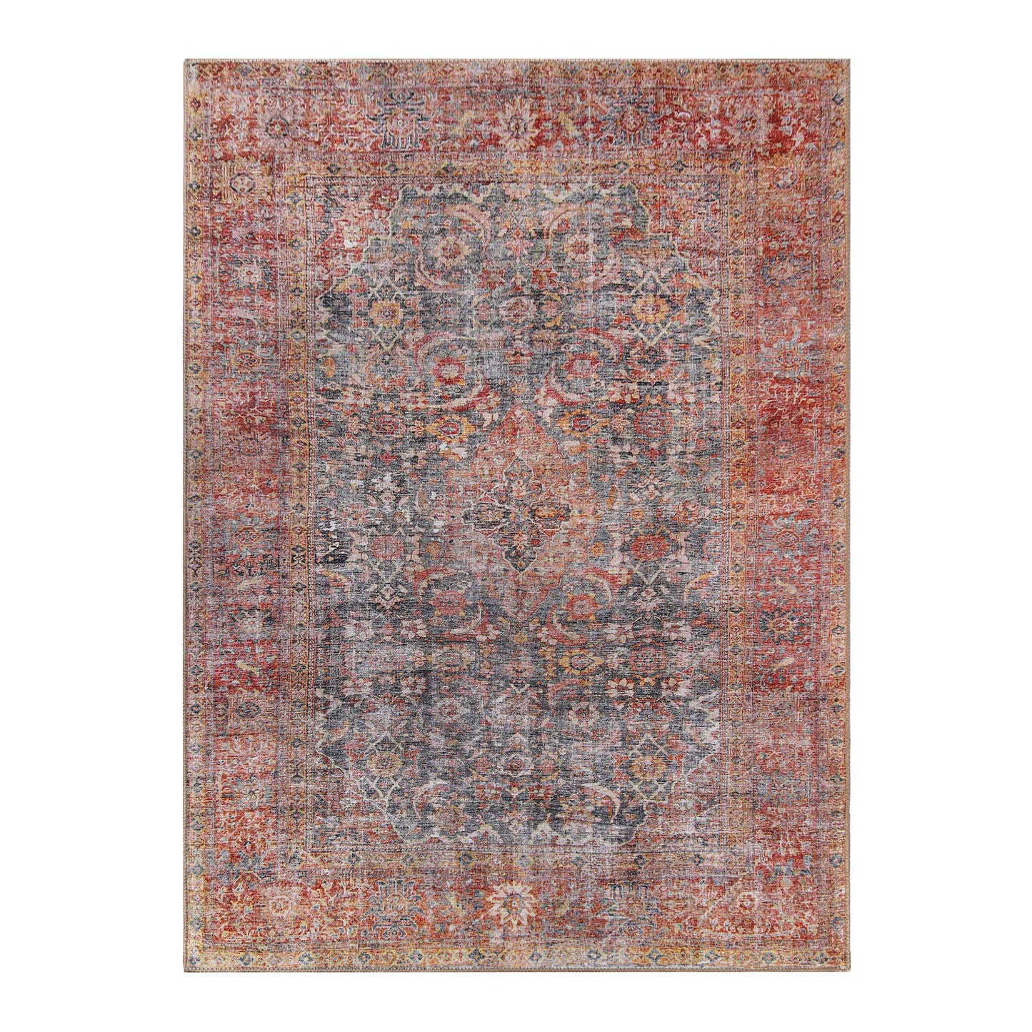 Huda Distressed Rustic Floral Geometric Medallion Indoor Area Rug - RubyRed