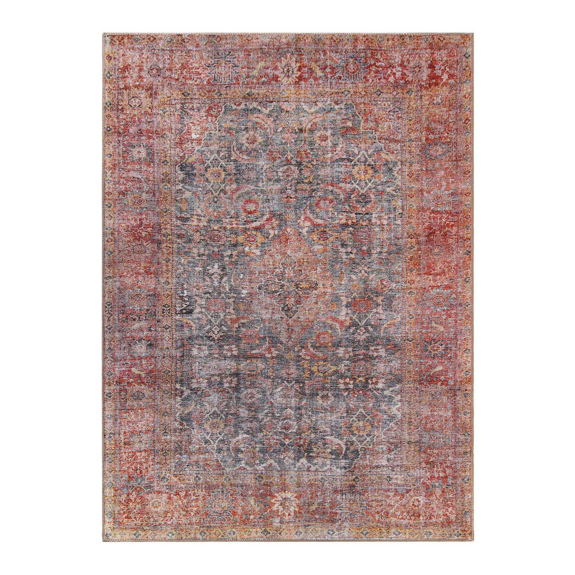 Huda Distressed Rustic Floral Geometric Medallion Indoor Area Rug - RubyRed
